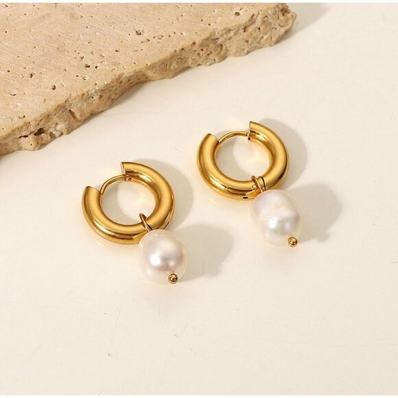 Fresh Water Pearl Drop Earrings, Charm and Trendy Gold Plated Earrings - Picture 5 of 7